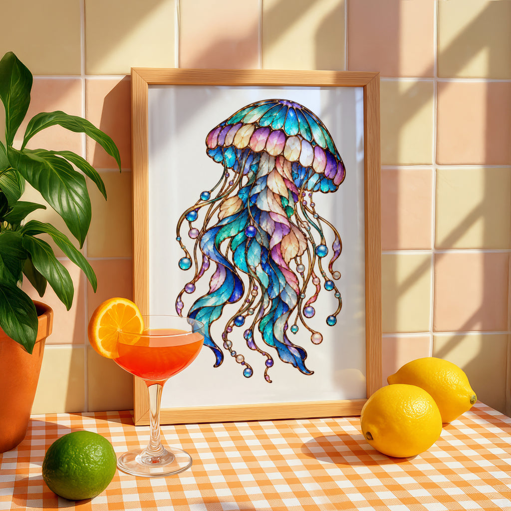 Stained Glass Jellyfish Poster, Colourful Ocean Art Print, Teal Blue Purple Fantasy Sea Wall Art, Coastal Bedroom Decor, Jewelled Marine