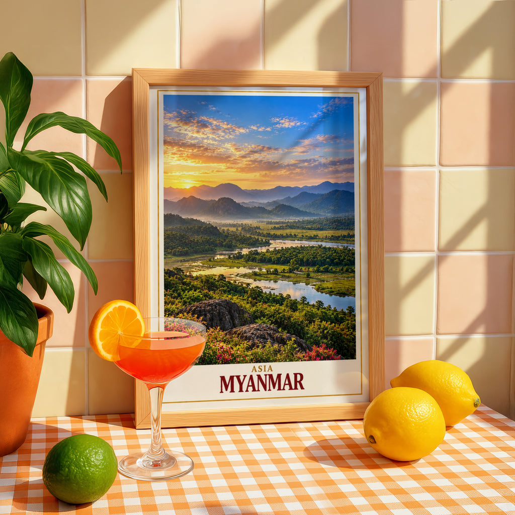 Myanmar Travel Poster, Asia Landscape Wall Art, Sunset River Valley Print, Southeast Asia Home Decor, Burma Mountain Scenery Poster