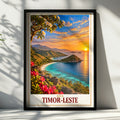Timor-Leste Travel Poster, East Timor Coastal Sunset Wall Art, Tropical Island Beach Print, Southeast Asia Home Decor, Frangipani Artwork