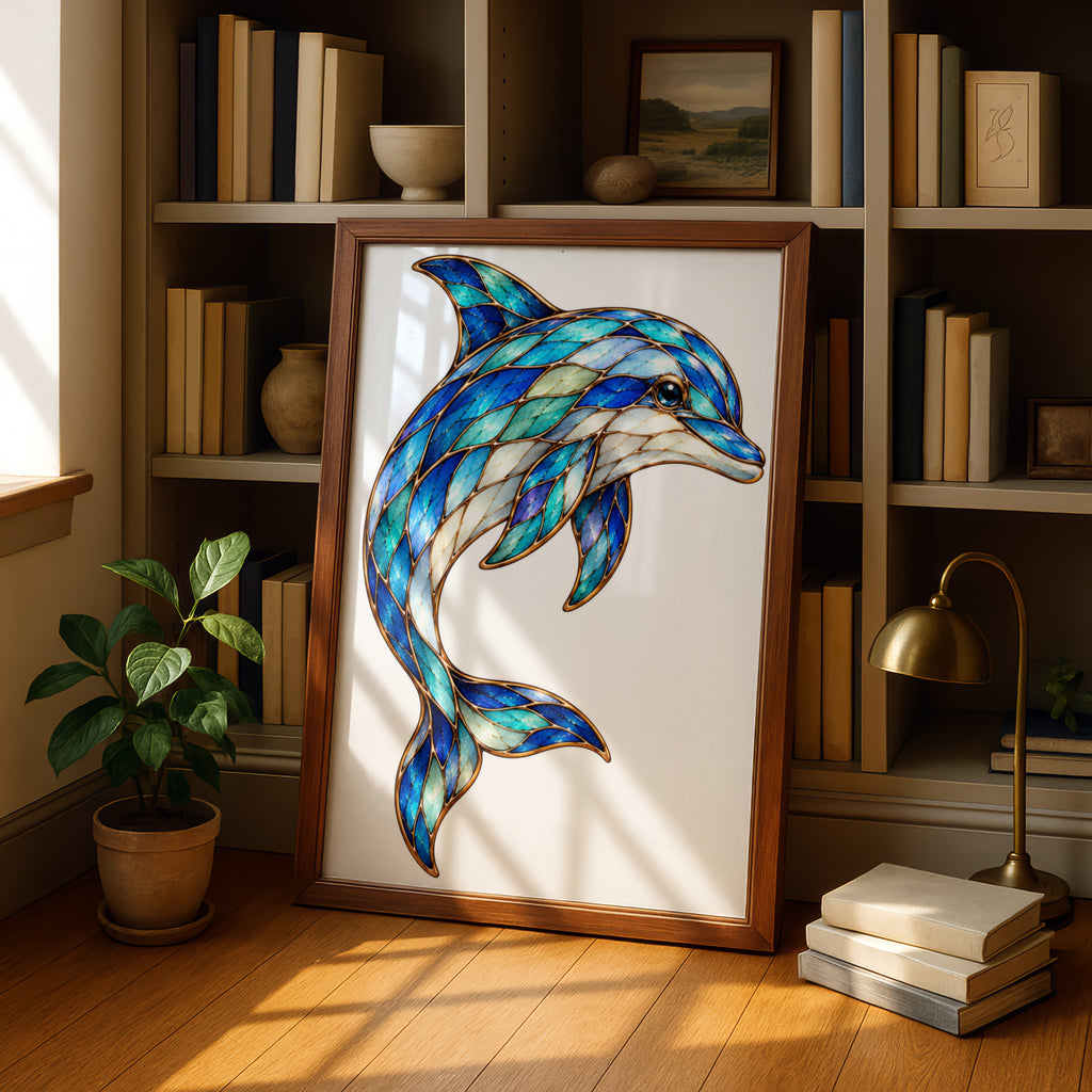 Stained Glass Dolphin Poster, Blue Teal Ocean Wall Art, Mosaic Style Dolphin Print, Coastal Nautical Decor, Marine Wildlife Art Gift