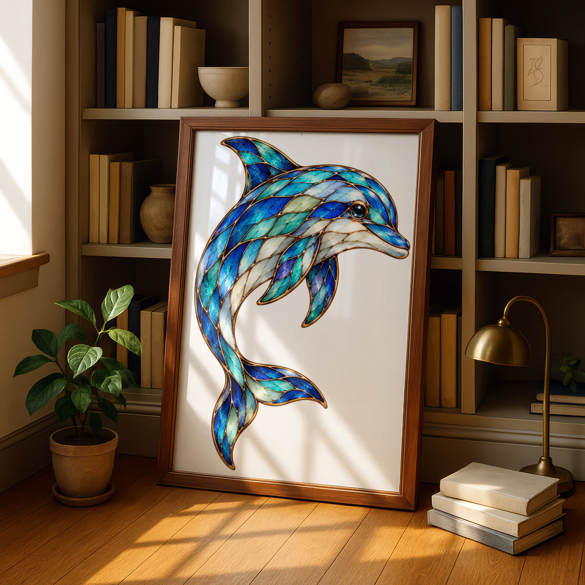 Stained Glass Dolphin Poster, Blue Teal Ocean Wall Art, Mosaic Style Dolphin Print, Coastal Nautical Decor, Marine Wildlife Art Gift