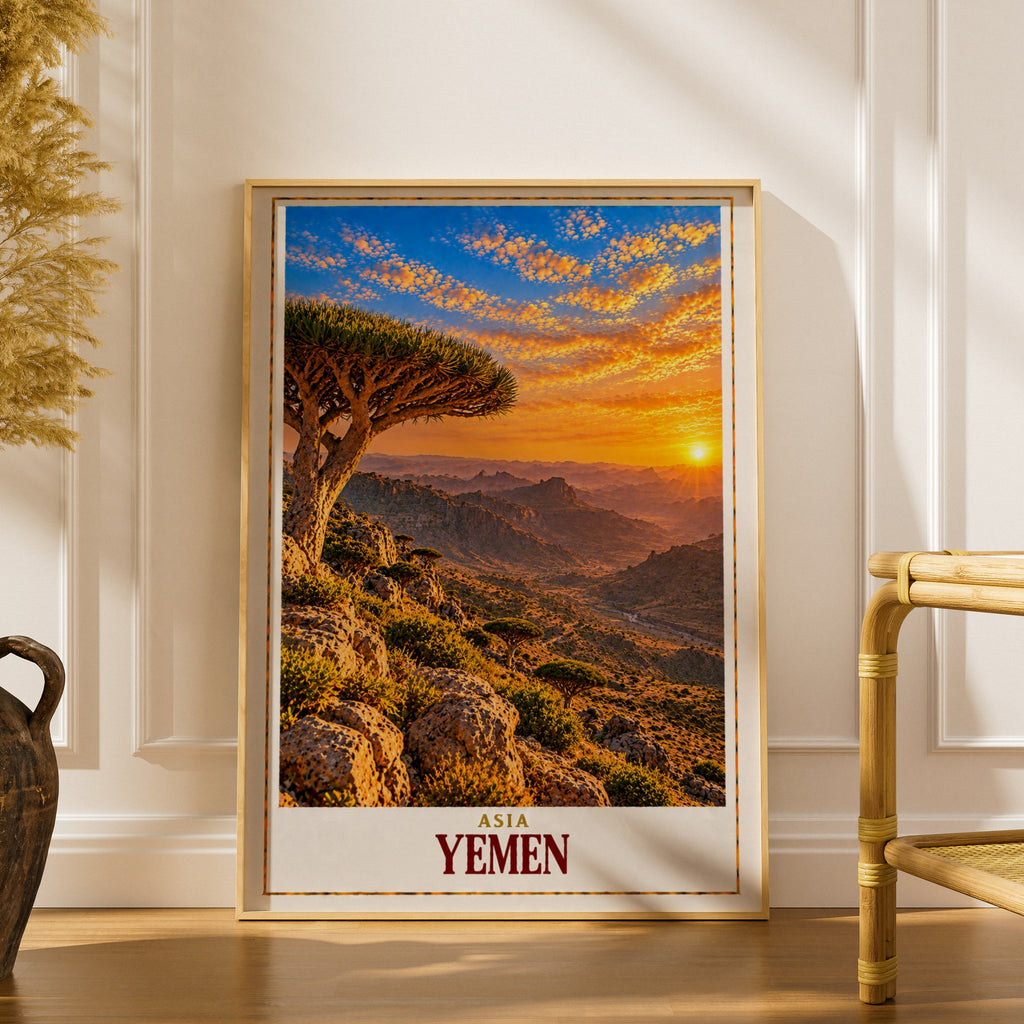 Yemen Travel Poster, Socotra Dragon Blood Tree Sunset Print, Middle East Wall Art, Arabian Landscape, Exotic Nature Decor, Asia Map Gift