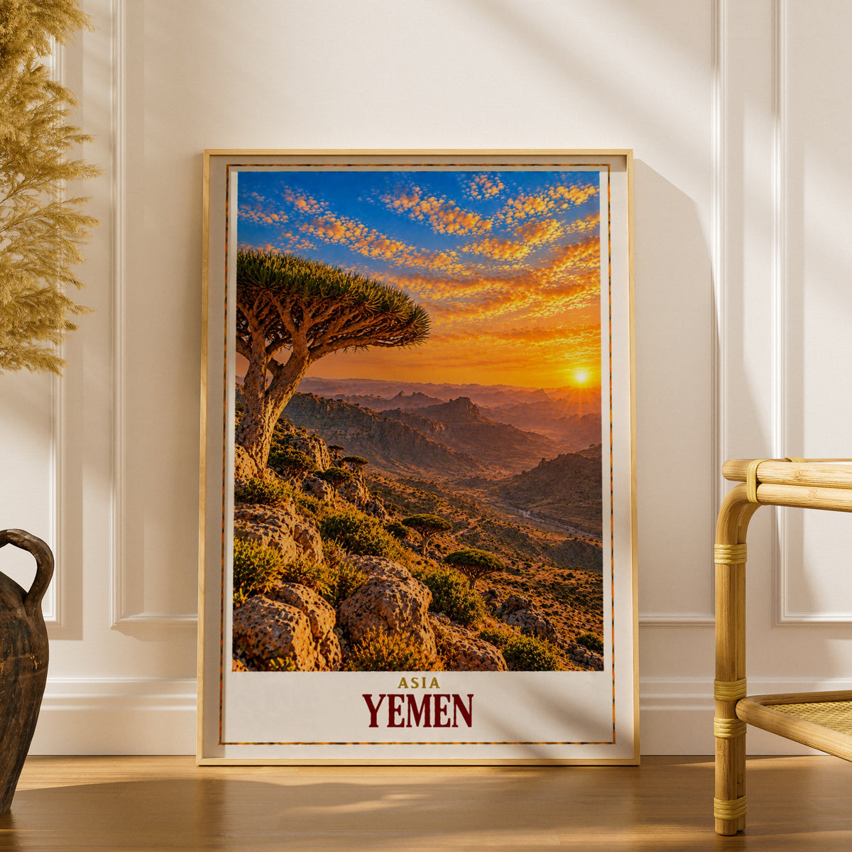 Yemen Travel Poster, Socotra Dragon Blood Tree Sunset Print, Middle East Wall Art, Arabian Landscape, Exotic Nature Decor, Asia Map Gift