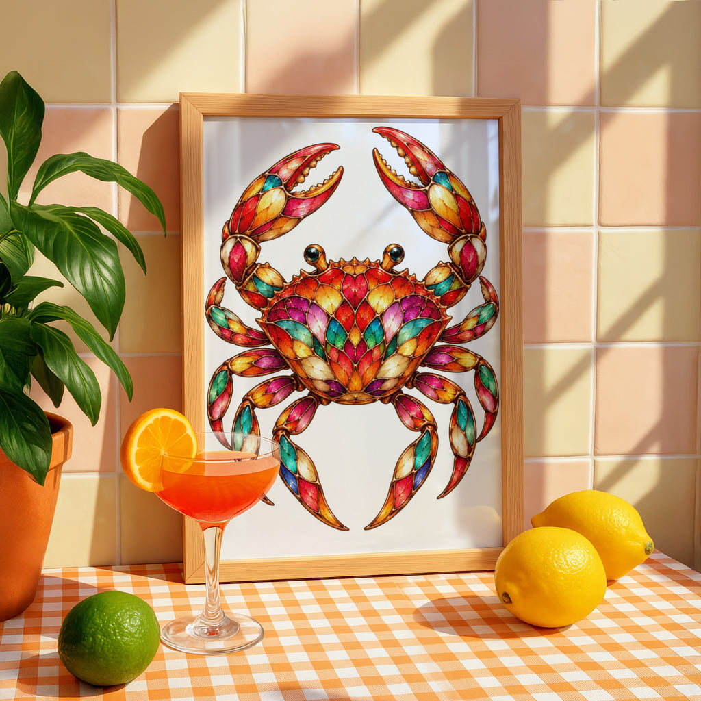 Colourful Crab Poster, Stained Glass Style Wall Art, Vibrant Ocean Print, Coastal Home Decor, Nautical Gift, Sea Life Art Print