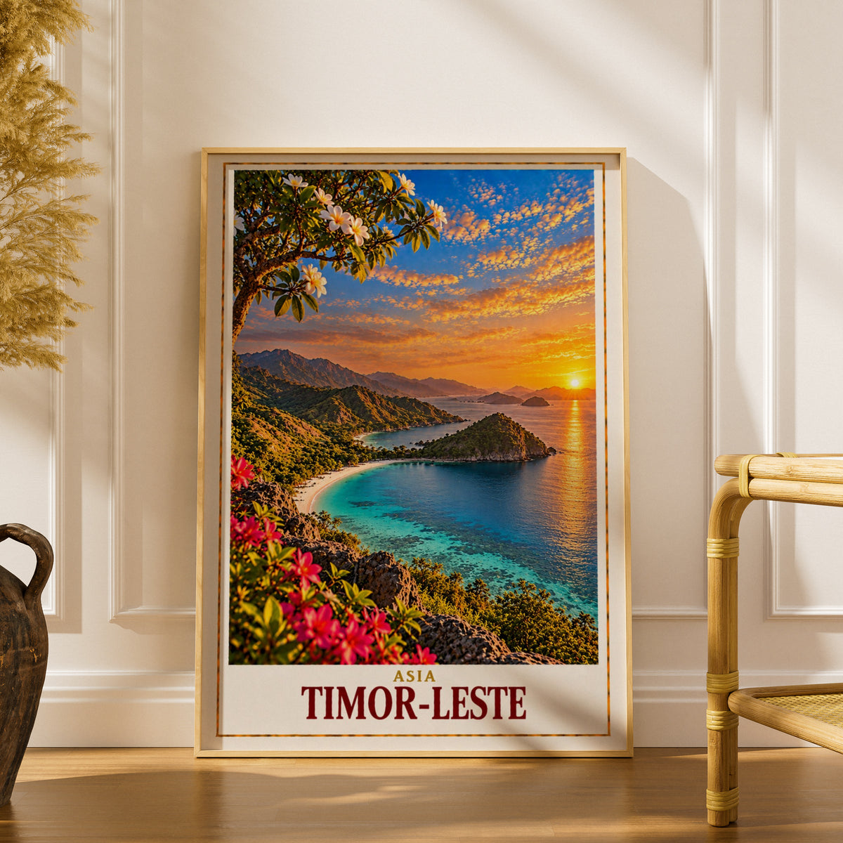 Timor-Leste Travel Poster, East Timor Coastal Sunset Wall Art, Tropical Island Beach Print, Southeast Asia Home Decor, Frangipani Artwork