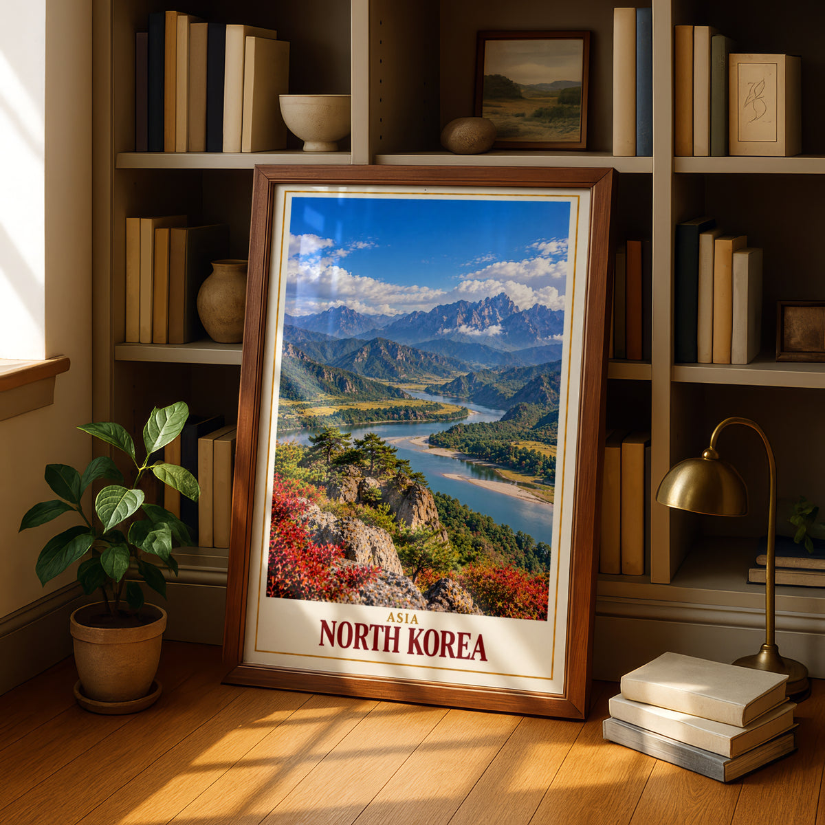 North Korea Travel Poster, Asian Mountain Landscape Wall Art, River Valley Print, Korea Scenic Nature Poster, Living Room Gallery Wall Decor