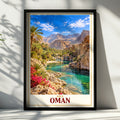 Oman Travel Poster, Wadi Oasis Wall Art, Middle East Landscape Print, Turquoise Water Palm Trees, Living Room Bedroom Decor Gift