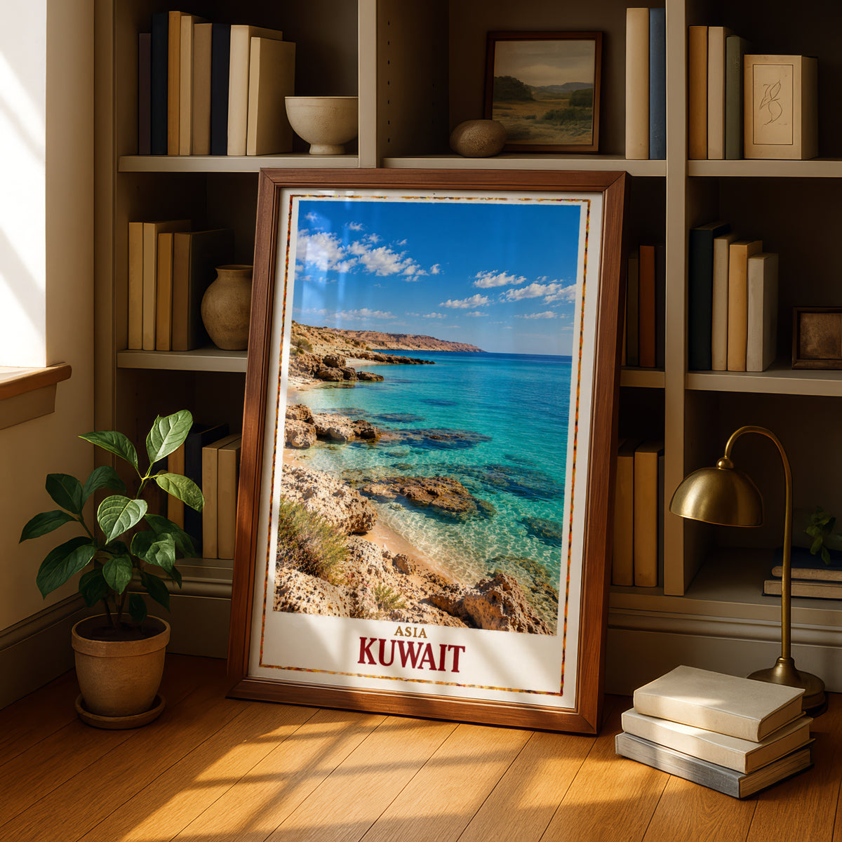Kuwait Travel Poster, Middle East Coastal Wall Art, Turquoise Sea Print, Arabian Gulf Beach Decor, Asia Travel Gift, Rocky Shoreline Poster
