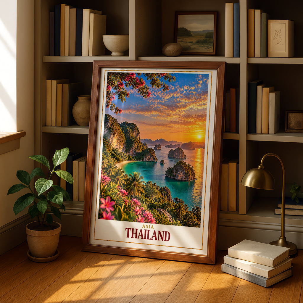 Thailand Travel Poster, Tropical Island Sunset Wall Art, Asia Beach Print, Turquoise Sea Limestone Karst, Palm Tree Holiday Home Decor