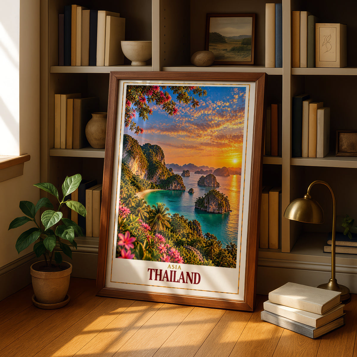 Thailand Travel Poster, Tropical Island Sunset Wall Art, Asia Beach Print, Turquoise Sea Limestone Karst, Palm Tree Holiday Home Decor