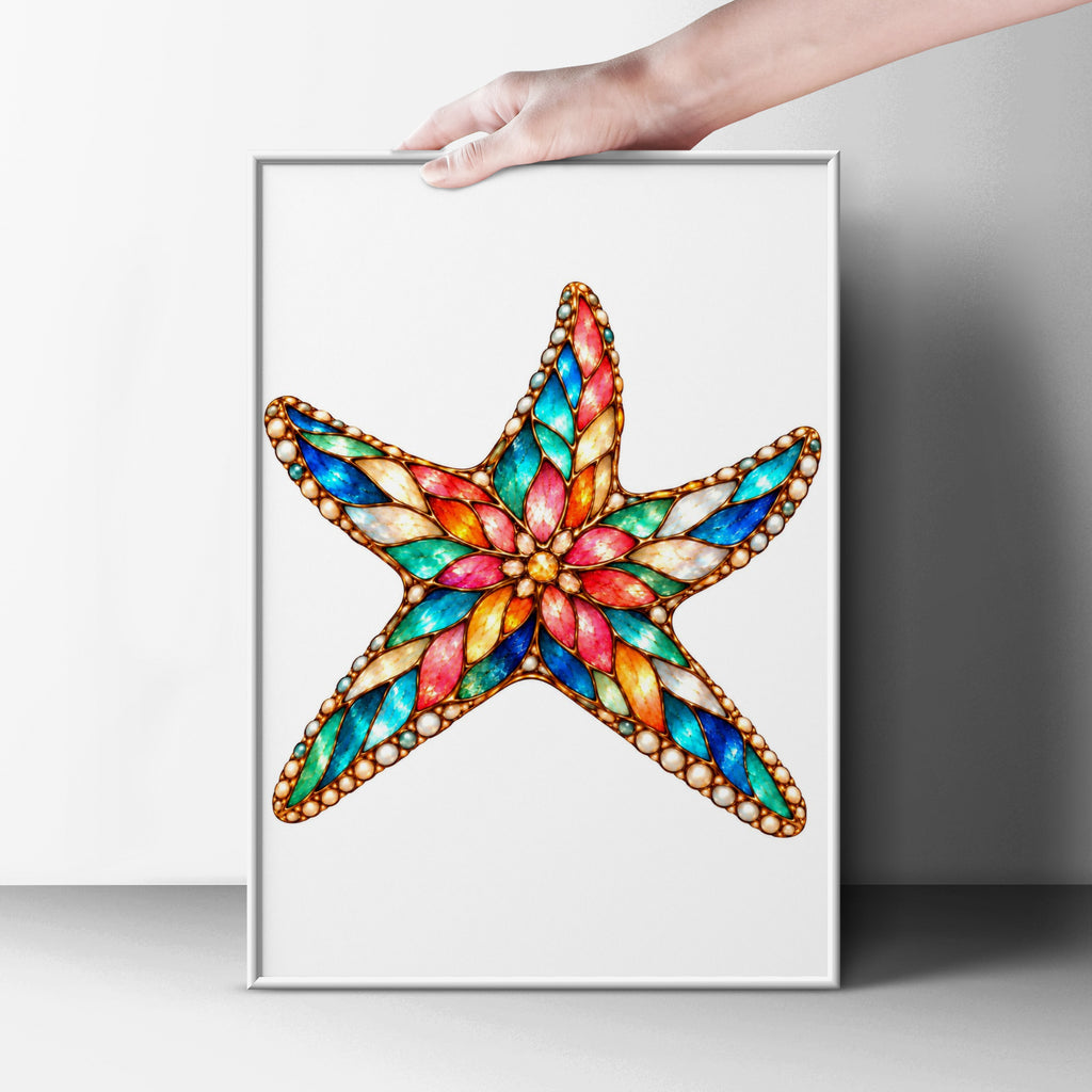 Stained Glass Starfish Poster, Jewelled Sea Star Art Print, Colourful Coastal Wall Art, Ocean Bathroom Decor, Nautical Beach House Print
