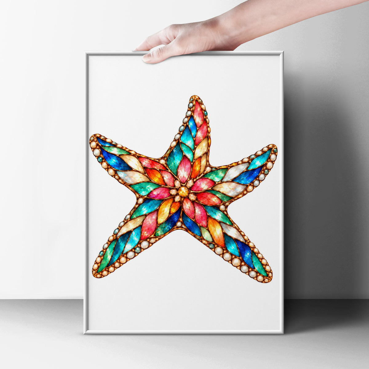 Stained Glass Starfish Poster, Jewelled Sea Star Art Print, Colourful Coastal Wall Art, Ocean Bathroom Decor, Nautical Beach House Print