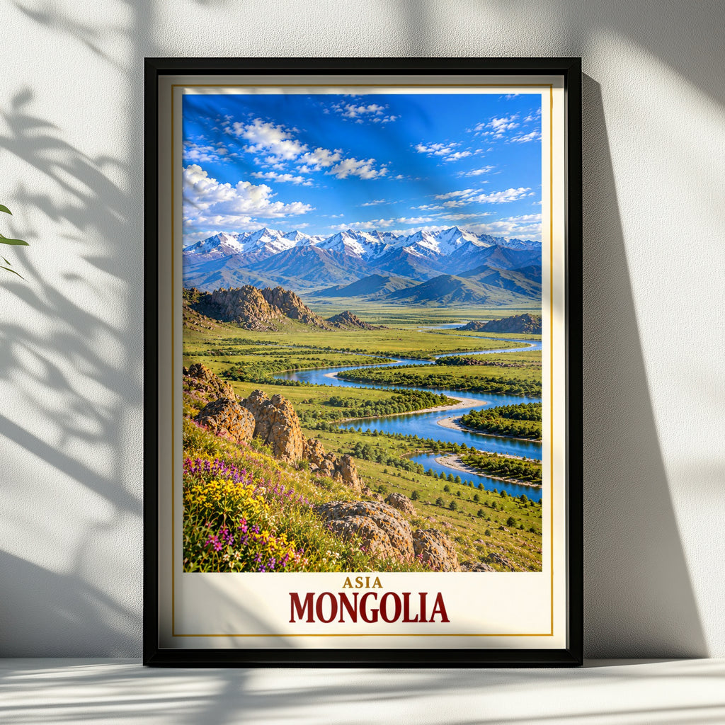 Mongolia Travel Poster, Mongolian Steppe Landscape Wall Art, Asia Mountain River Print, Green Valley Scenic Nature Poster, Adventure Decor