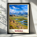 Mongolia Travel Poster, Mongolian Steppe Landscape Wall Art, Asia Mountain River Print, Green Valley Scenic Nature Poster, Adventure Decor