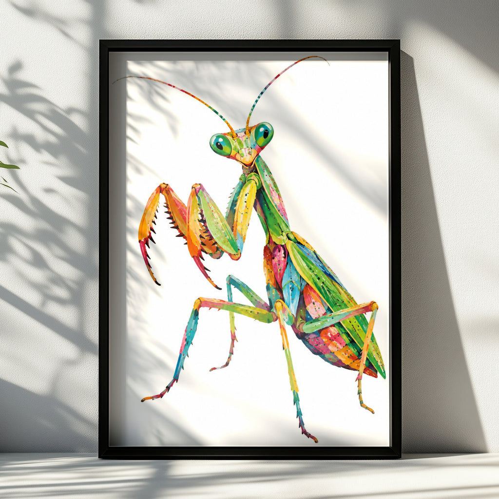 Colourful Praying Mantis Poster, Vibrant Insect Wall Art, Bold Bug Print, Nature Lover Gift, Quirky Wildlife Decor for Home or Office