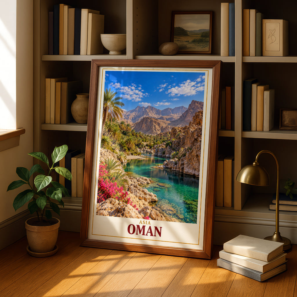 Oman Travel Poster, Wadi Oasis Wall Art, Middle East Landscape Print, Turquoise Water Palm Trees, Living Room Bedroom Decor Gift