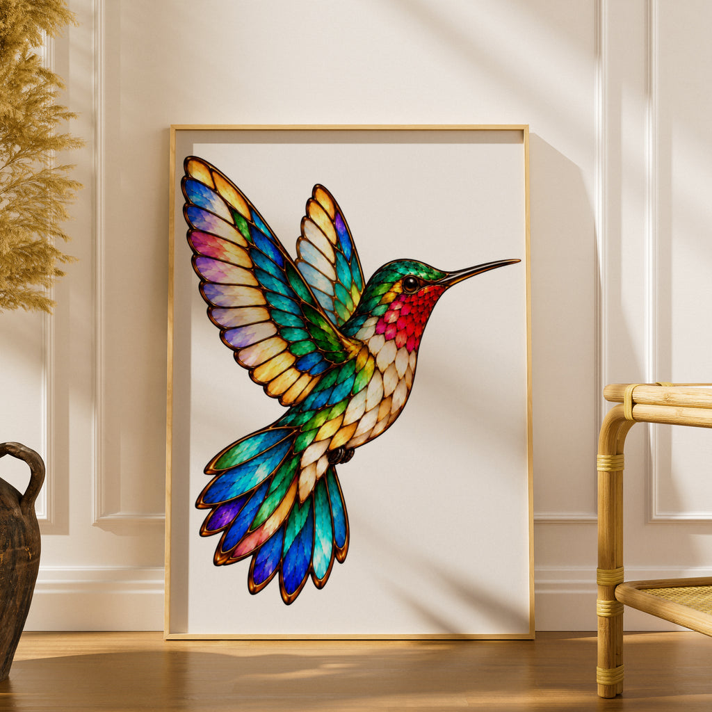 Stained Glass Hummingbird Poster, Colourful Bird Wall Art, Rainbow Feather Print, Nature Lover Gift, Living Room Bedroom Decor Poster