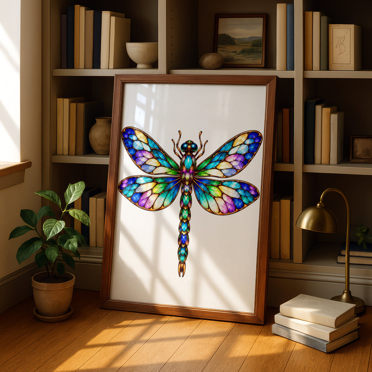 Stained Glass Dragonfly Poster, Colourful Jewelled Insect Wall Art, Rainbow Wings Art Nouveau Print, Boho Nature Bedroom Decor Gift