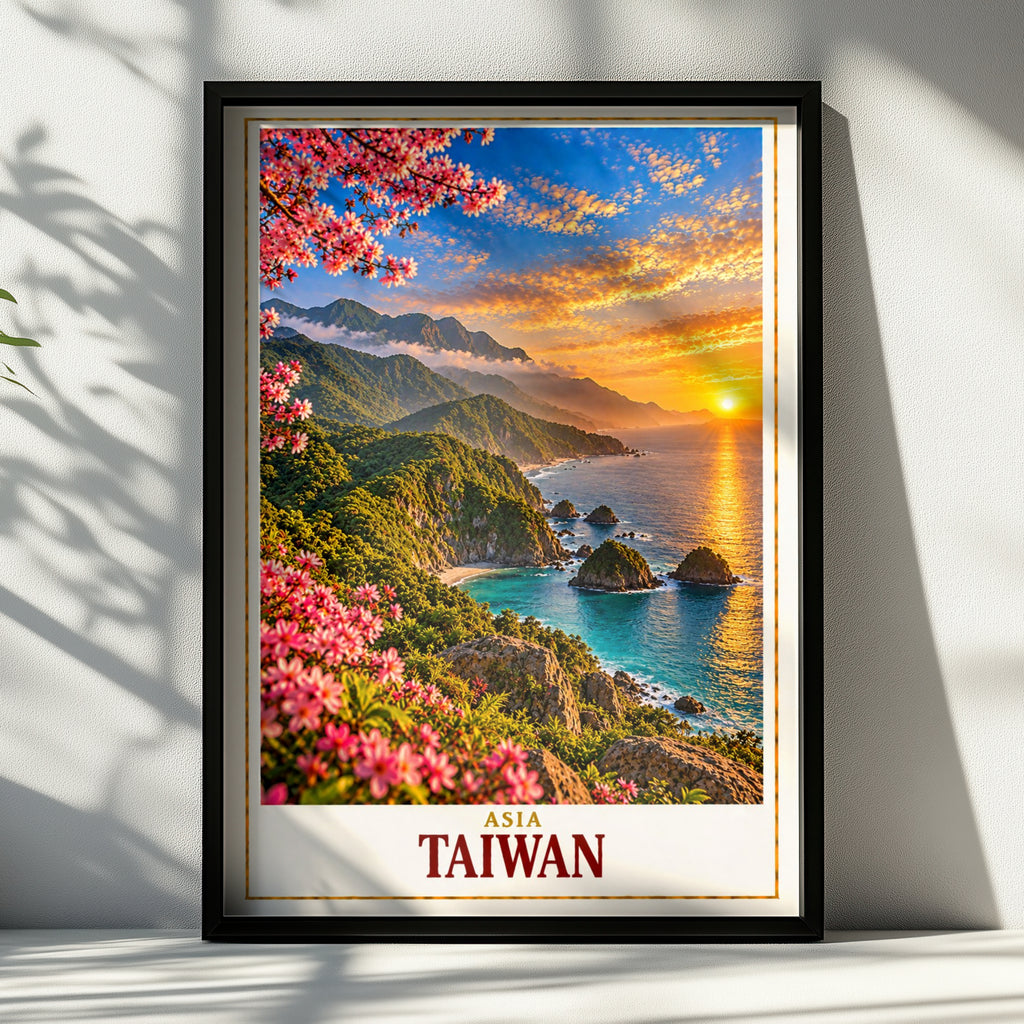 Taiwan Travel Poster, Asia Coastal Sunset Wall Art, Cherry Blossom Mountain Landscape Print, Turquoise Sea Cliffs Home Decor Gift