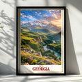 Georgia Travel Poster, Caucasus Mountain Wall Art, Scenic River Valley Print, Georgian Landscape, Adventure Home Decor, Wanderlust Gift
