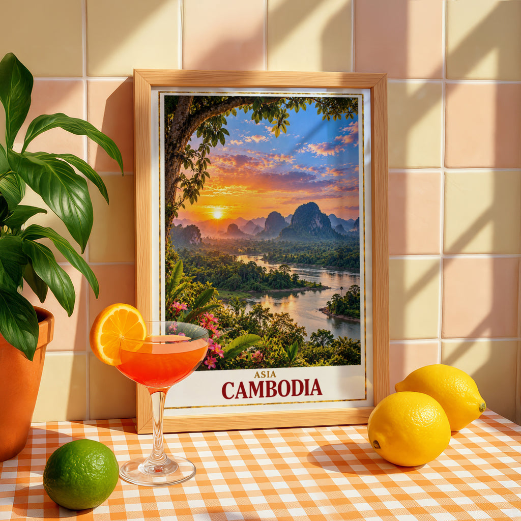 Cambodia Travel Poster, Southeast Asia Sunset River Landscape Print, Tropical Jungle Wall Art, Karst Mountains, Plumeria Flowers Decor