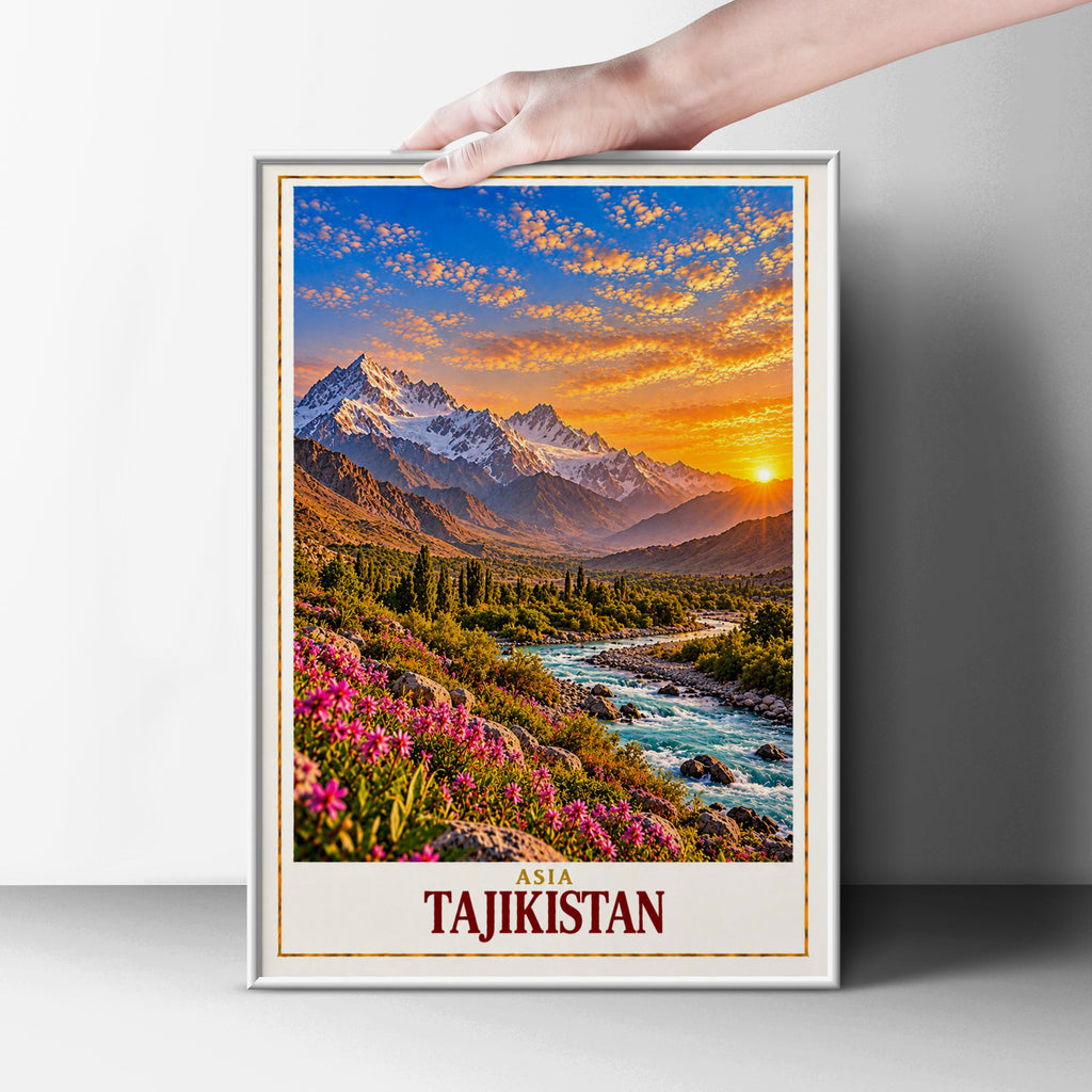 Tajikistan Travel Poster, Central Asia Mountain Landscape Print, Pamir Sunset Wall Art, Turquoise River Pink Wildflowers Home Decor Gift