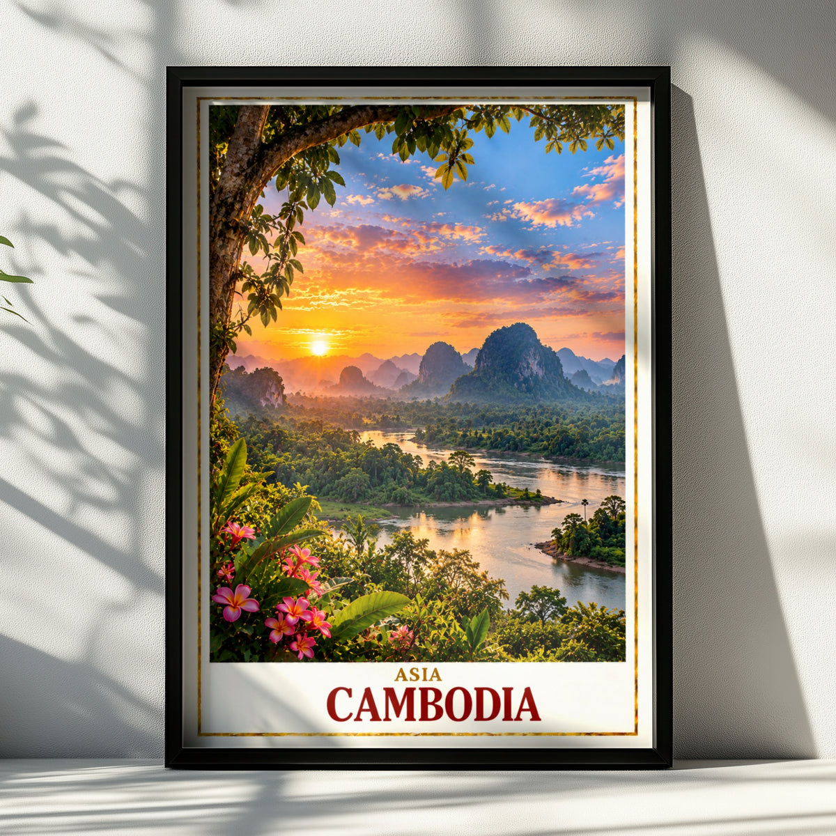 Cambodia Travel Poster, Southeast Asia Sunset River Landscape Print, Tropical Jungle Wall Art, Karst Mountains, Plumeria Flowers Decor