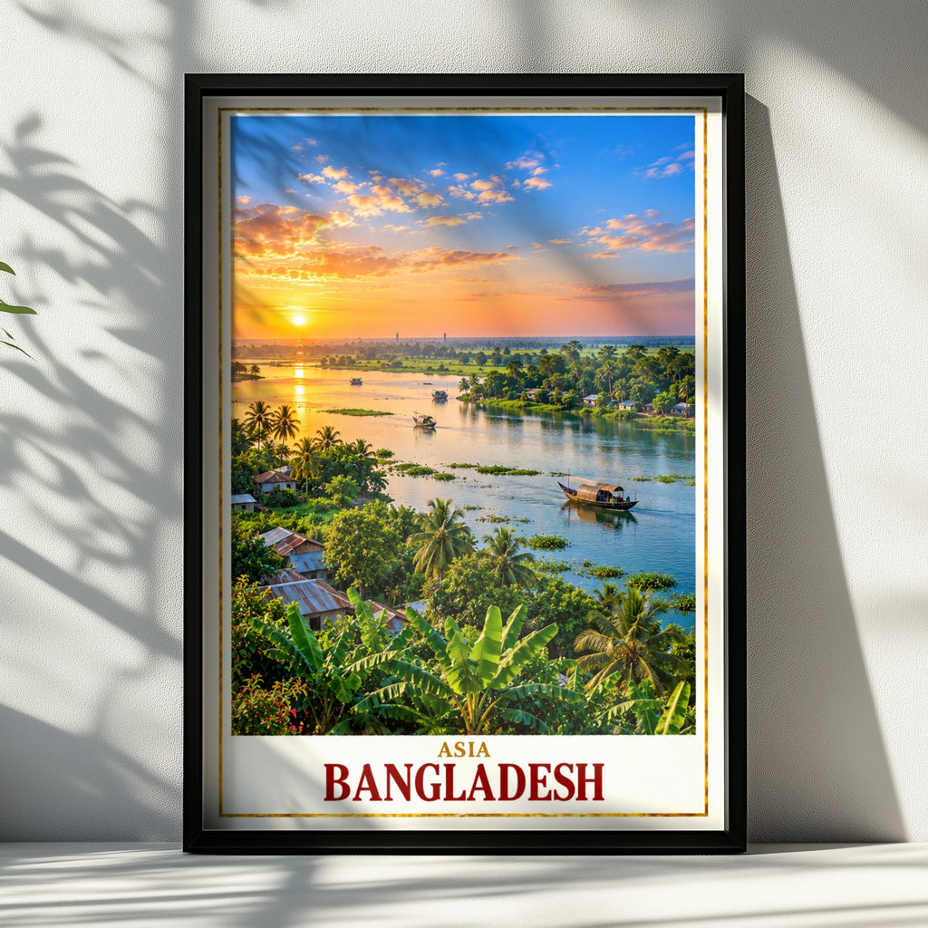 Bangladesh Travel Poster, River Sunset Wall Art, South Asia Tropical Landscape Print, Bengali Home Decor, Boat Scene, Golden Sky
