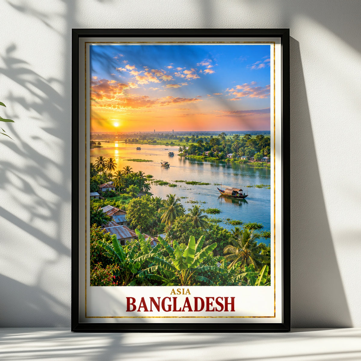 Bangladesh Travel Poster, River Sunset Wall Art, South Asia Tropical Landscape Print, Bengali Home Decor, Boat Scene, Golden Sky