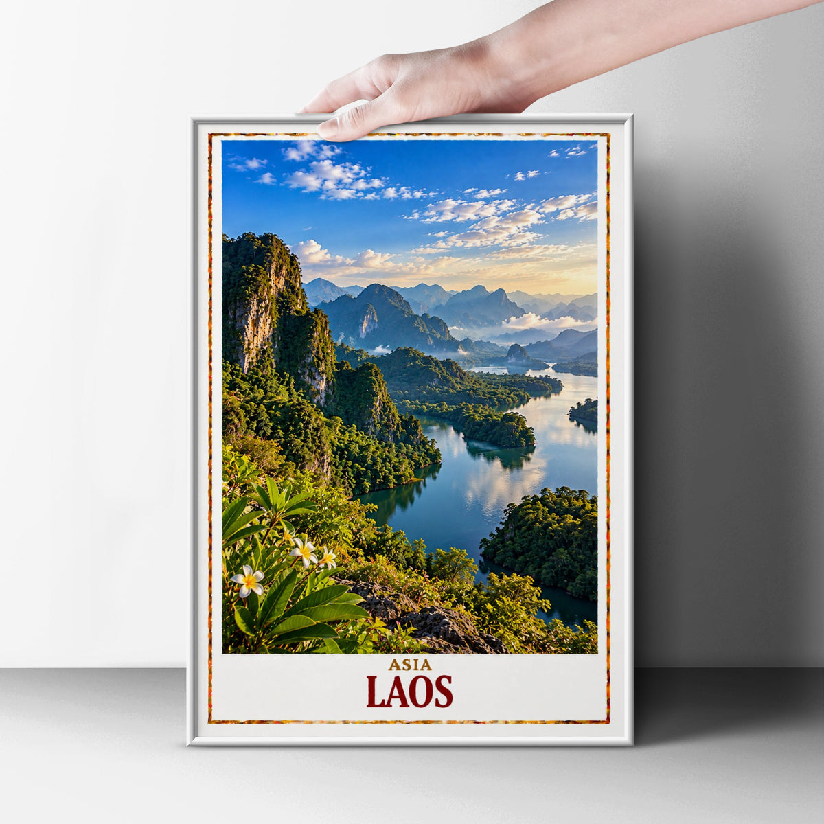 Laos Travel Poster, Southeast Asia Landscape Print, Mekong River Wall Art, Karst Mountains, Tropical Nature Decor, Living Room Poster