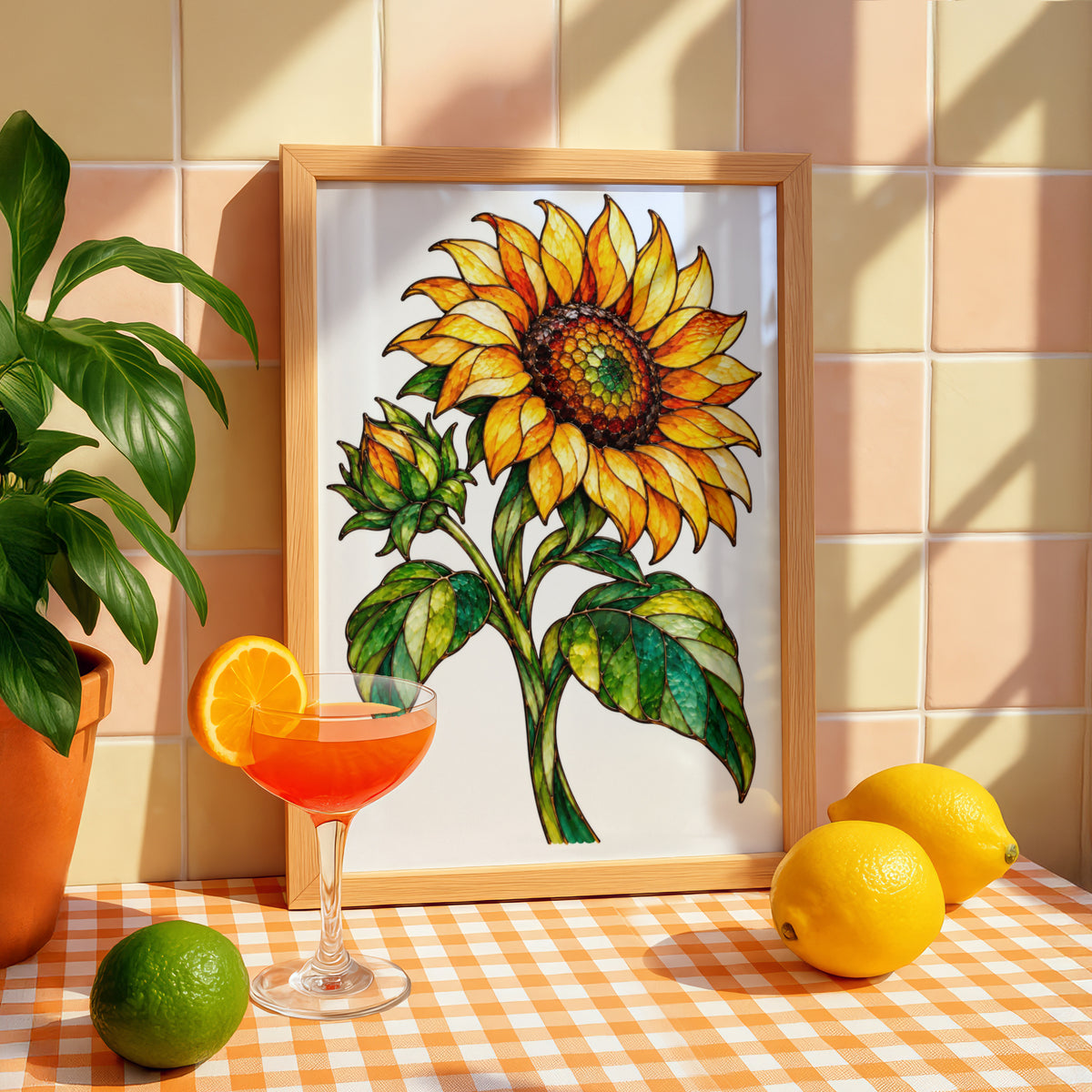 Stained Glass Sunflower Poster, Botanical Floral Wall Art, Yellow Orange Green Home Decor, Kitchen Living Room Print, Nature Flower Artwork