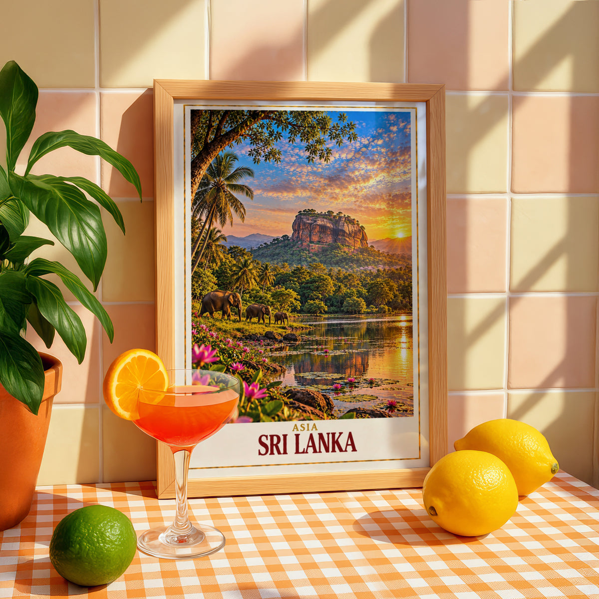 Sri Lanka Travel Poster, Sigiriya Rock Elephant Sunset Wall Art, Tropical Asia Print, Living Room Decor, Wanderlust Gift for Travellers