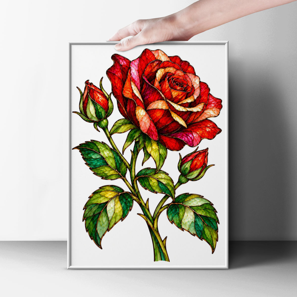 Stained Glass Red Rose Poster, Botanical Floral Wall Art, Rose Bud Print, Living Room Bedroom Decor, Vibrant Flower Illustration Poster