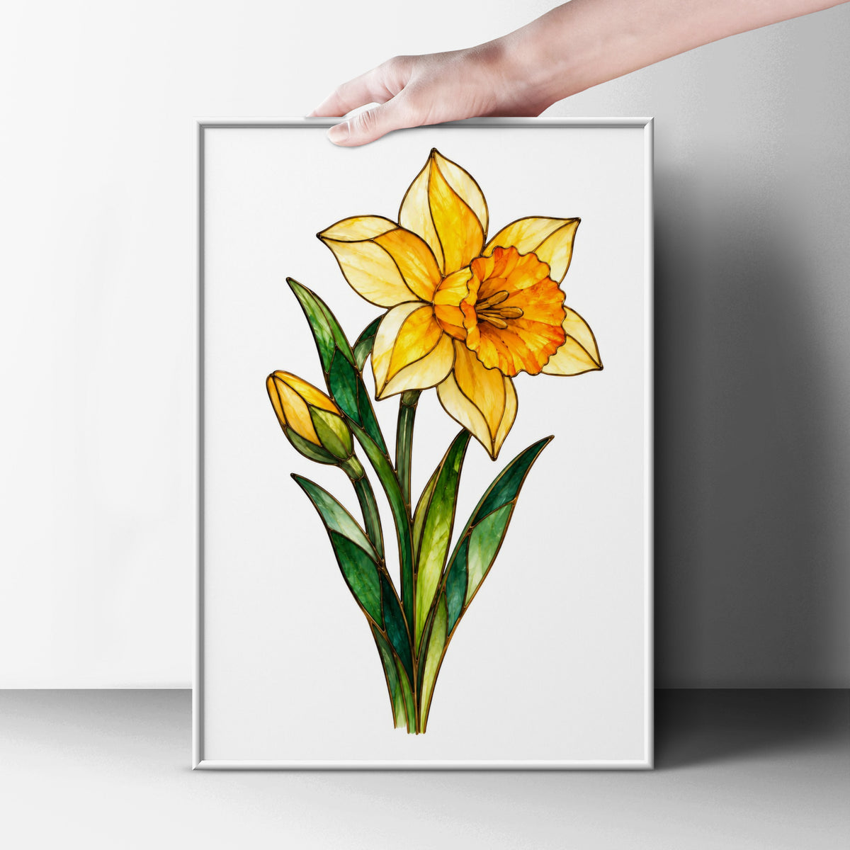 Daffodil Stained Glass Style Poster, Yellow Narcissus Flower Art Print, Spring Botanical Wall Art, Floral Home Decor, Living Room Print