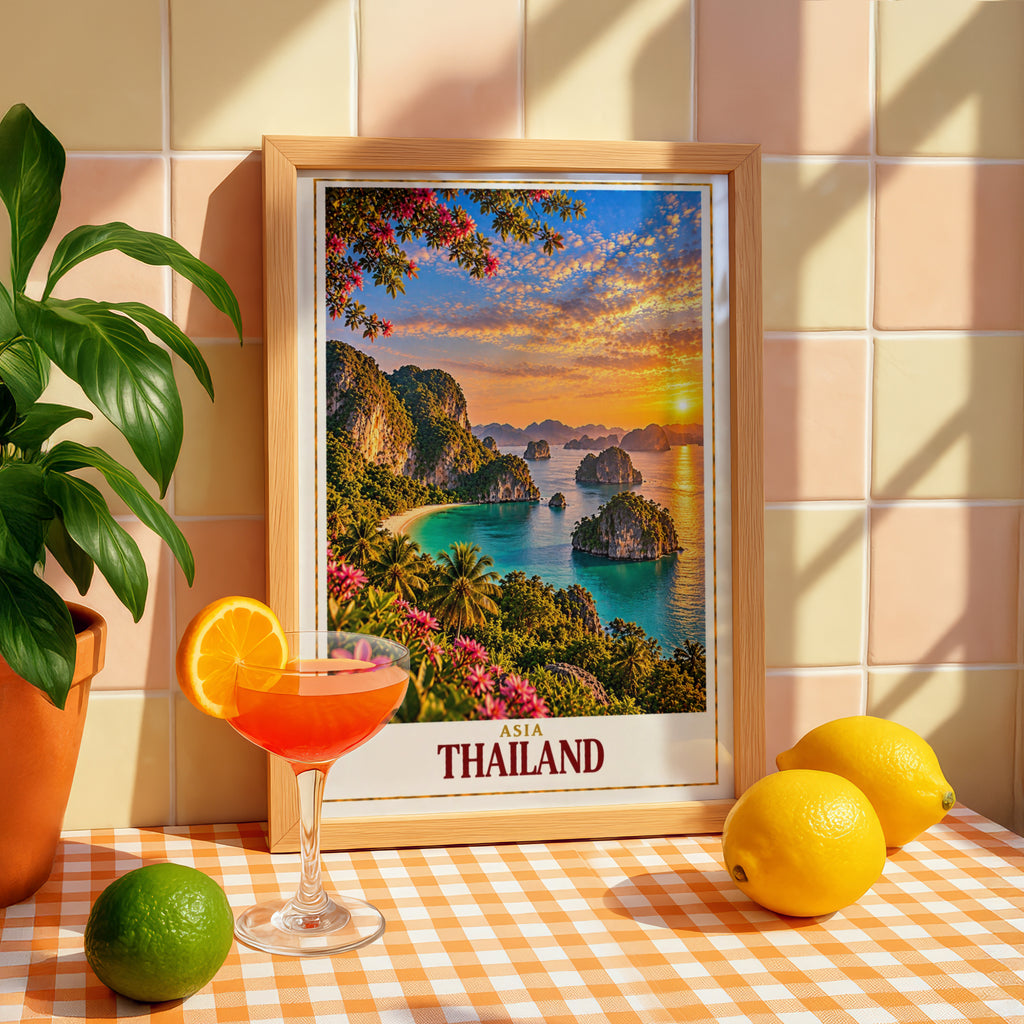 Thailand Travel Poster, Tropical Island Sunset Wall Art, Asia Beach Print, Turquoise Sea Limestone Karst, Palm Tree Holiday Home Decor