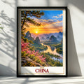 China Travel Poster, Guilin Karst Mountains Li River Sunset Wall Art, Asian Landscape Print, Living Room Decor, China Gift for Travellers