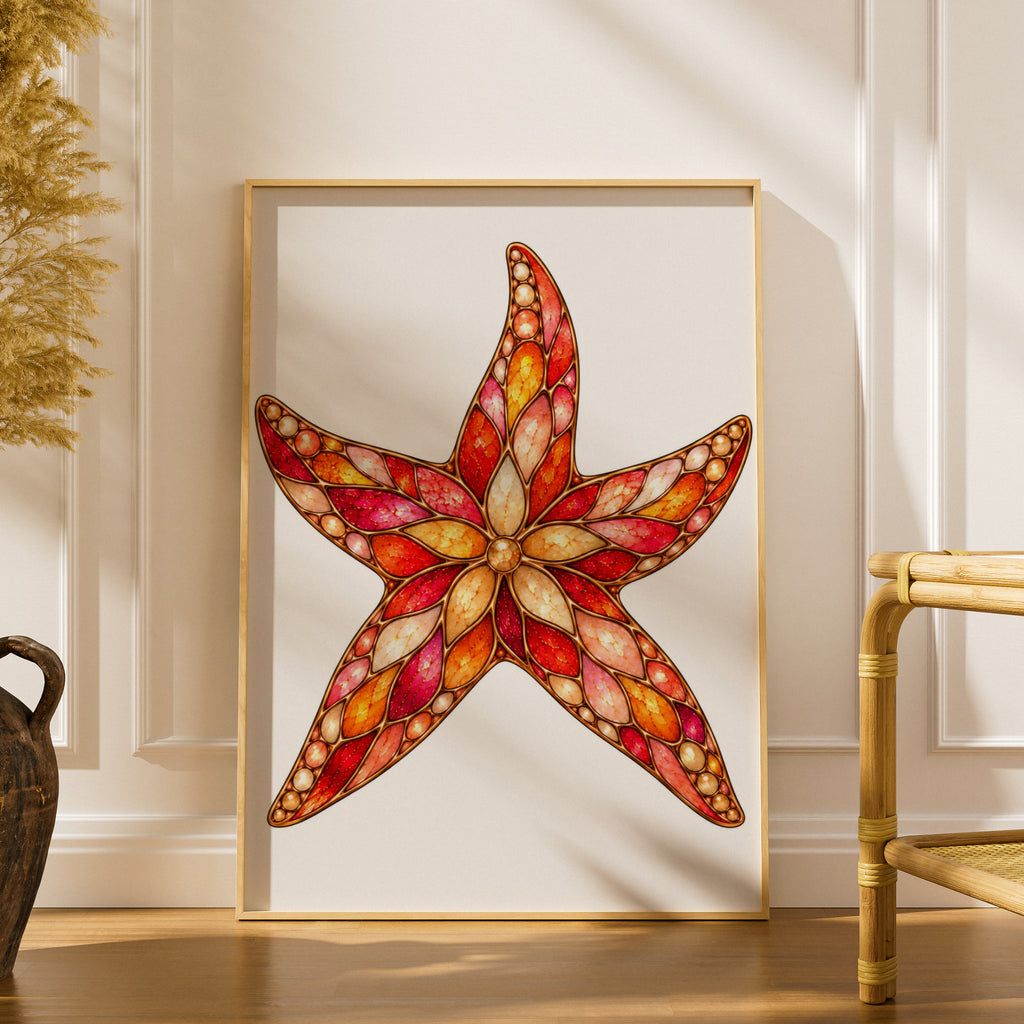 Jewelled Starfish Poster, Stained Glass Ocean Art Print, Red Orange Coastal Wall Art, Nautical Home Decor, Sea Creature Illustration