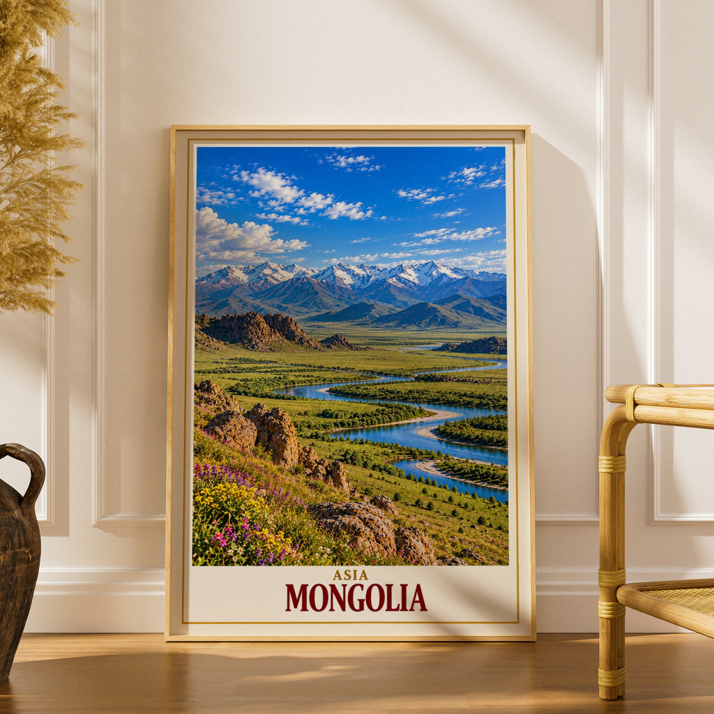 Mongolia Travel Poster, Mongolian Steppe Landscape Wall Art, Asia Mountain River Print, Green Valley Scenic Nature Poster, Adventure Decor