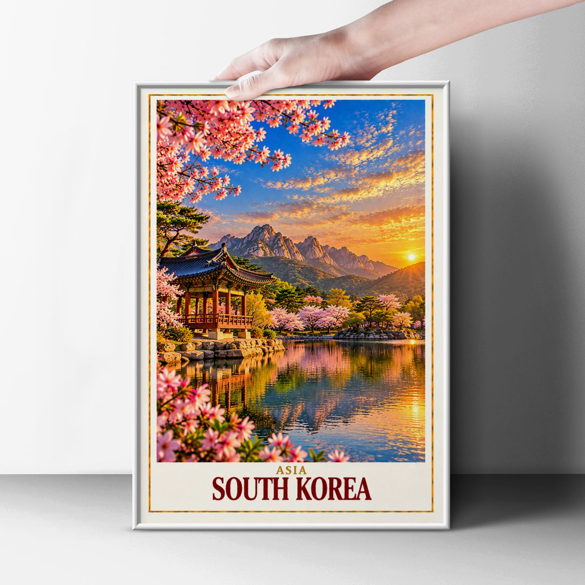 South Korea Travel Poster, Korean Pavilion Cherry Blossom Wall Art, Asia Sunset Landscape Print, Seoul Inspired Home Decor Gift