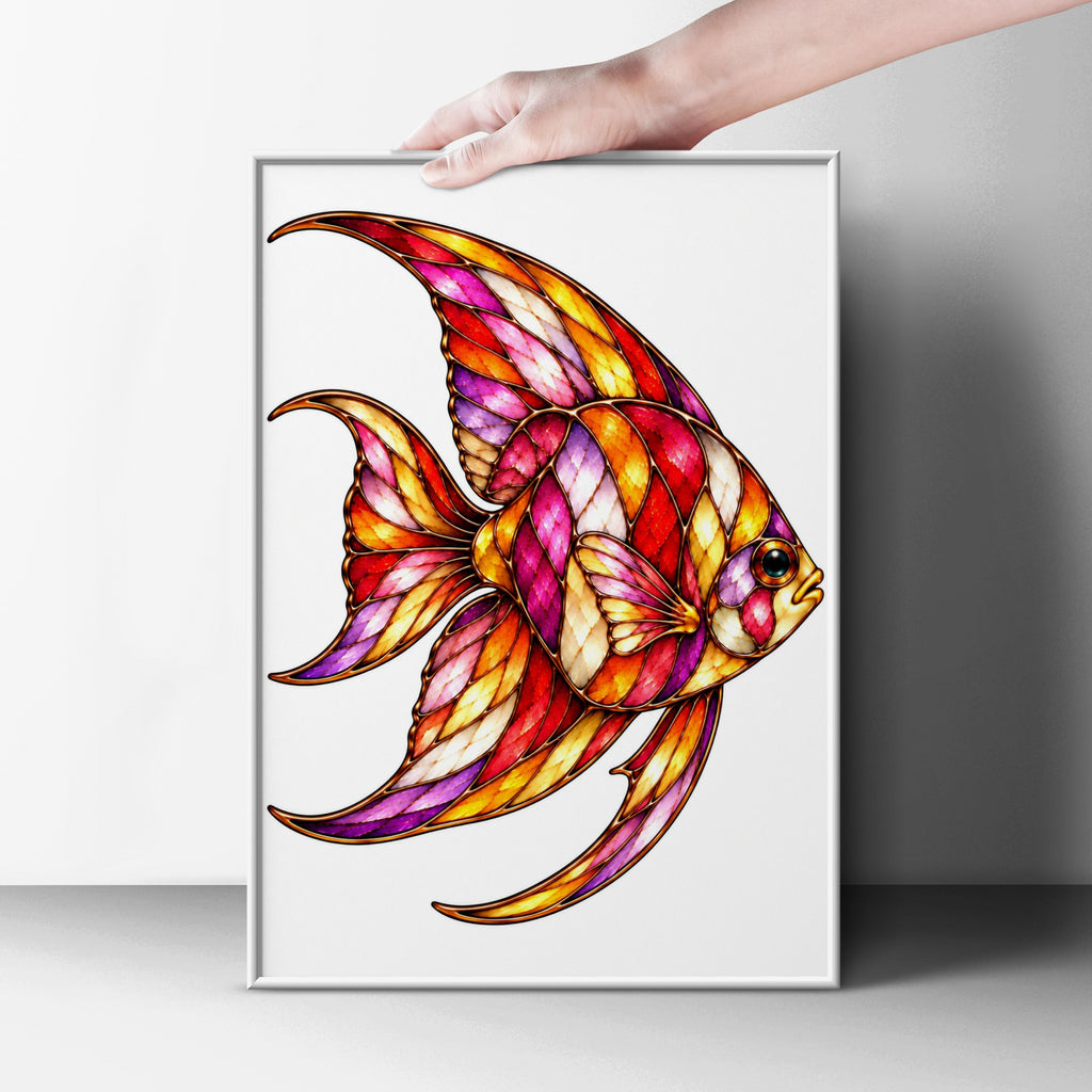 Stained Glass Angelfish Poster, Colourful Fish Wall Art, Vibrant Ocean Art Print, Tropical Fish Decor, Red Gold Purple Bathroom Bedroom