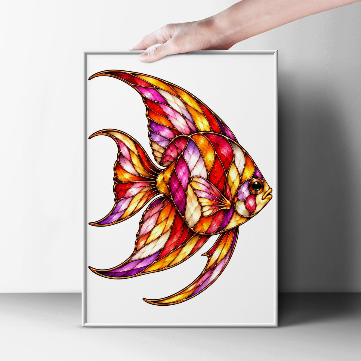 Stained Glass Angelfish Poster, Colourful Fish Wall Art, Vibrant Ocean Art Print, Tropical Fish Decor, Red Gold Purple Bathroom Bedroom