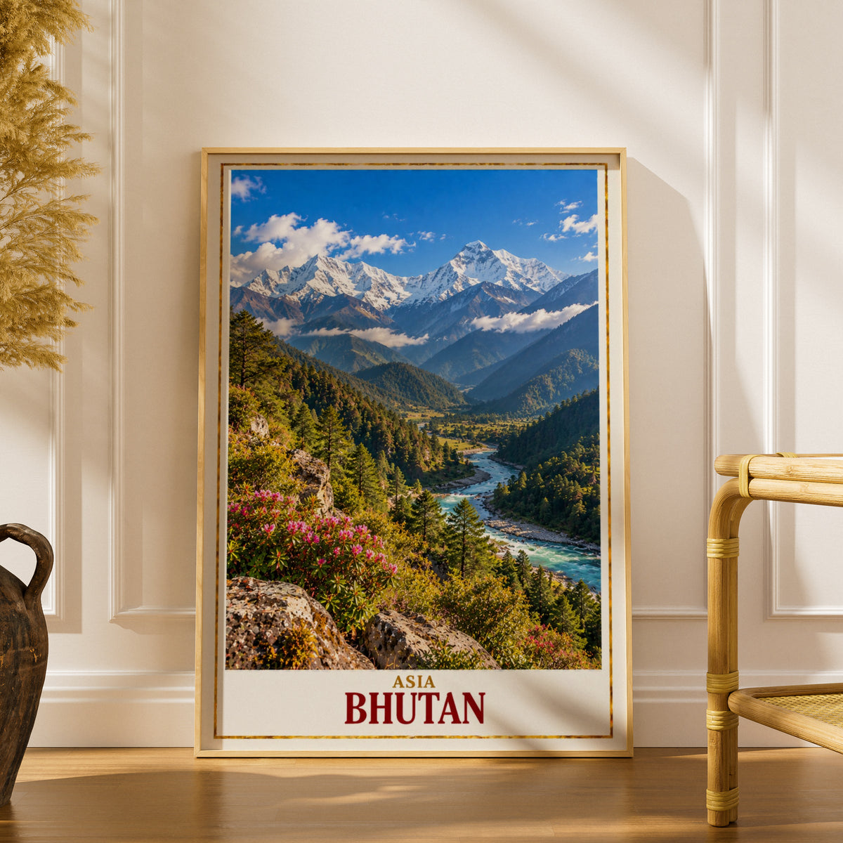 Bhutan Travel Poster, Himalayan Mountain Valley Wall Art, Asia Landscape Print, Turquoise River, Rhododendron, Adventure Home Decor Gift