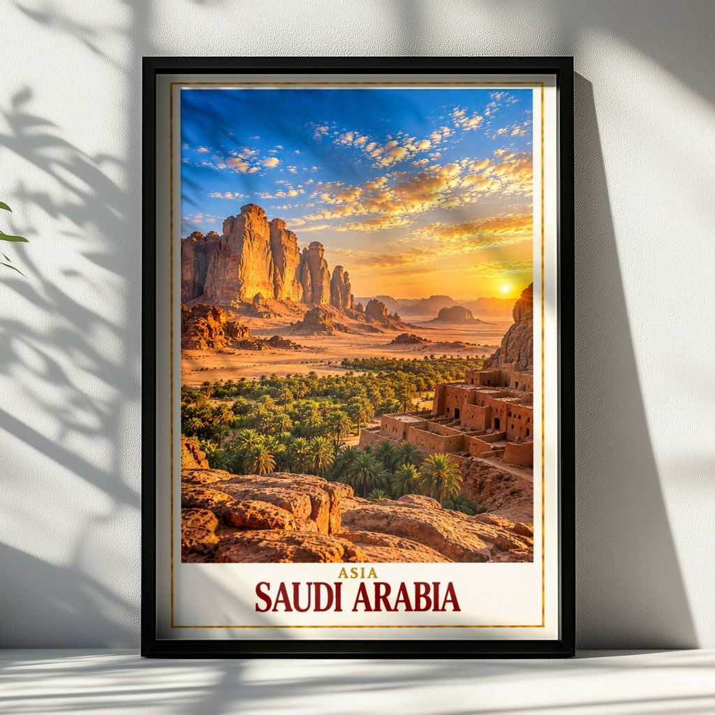 Saudi Arabia Travel Poster, AlUla Desert Landscape Wall Art, Middle East Sunset Print, Arabian Rock Formation, Ancient Ruins Home Decor