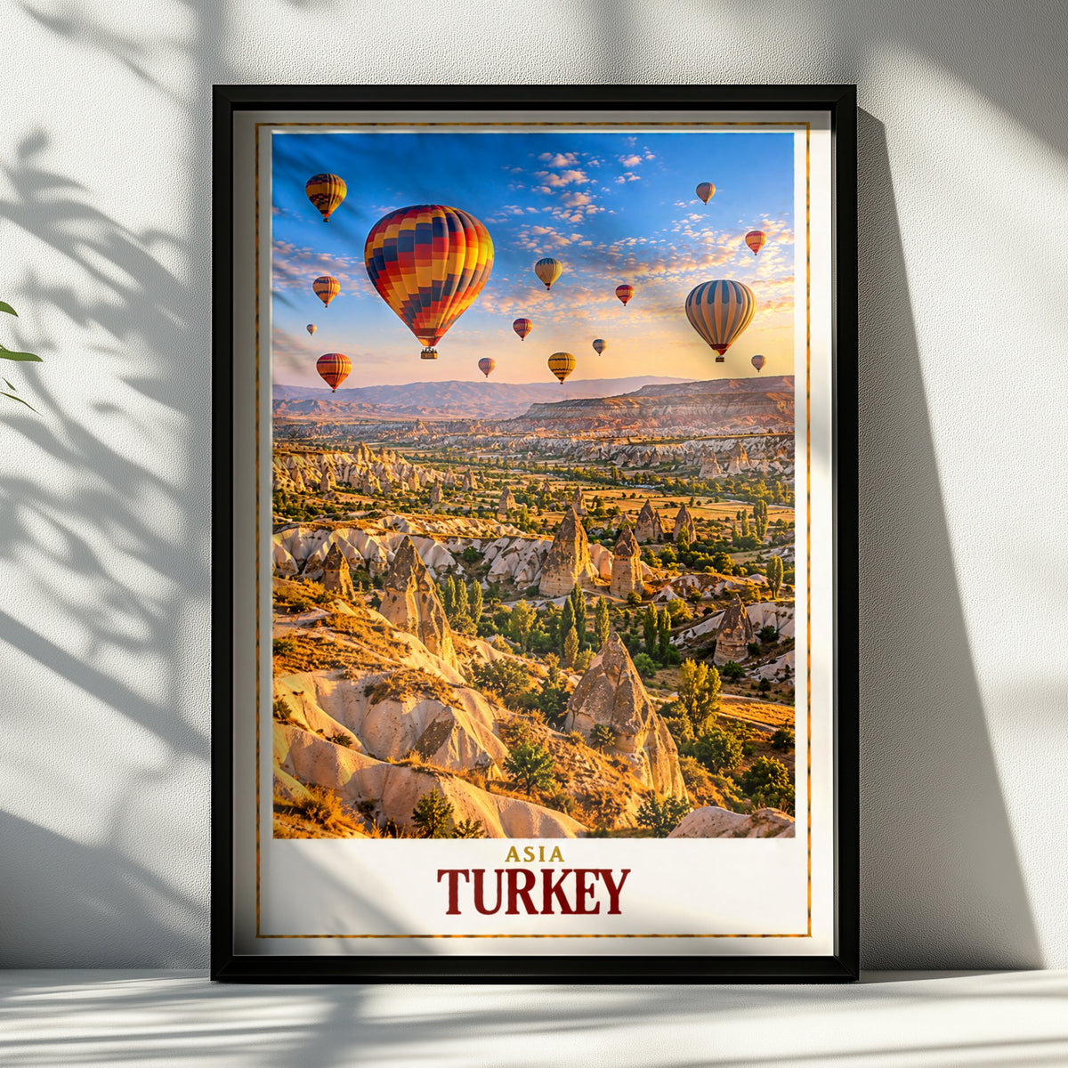 Turkey Travel Poster, Cappadocia Hot Air Balloon Print, Fairy Chimneys Wall Art, Turkish Landscape, Wanderlust Gift, Living Room Decor