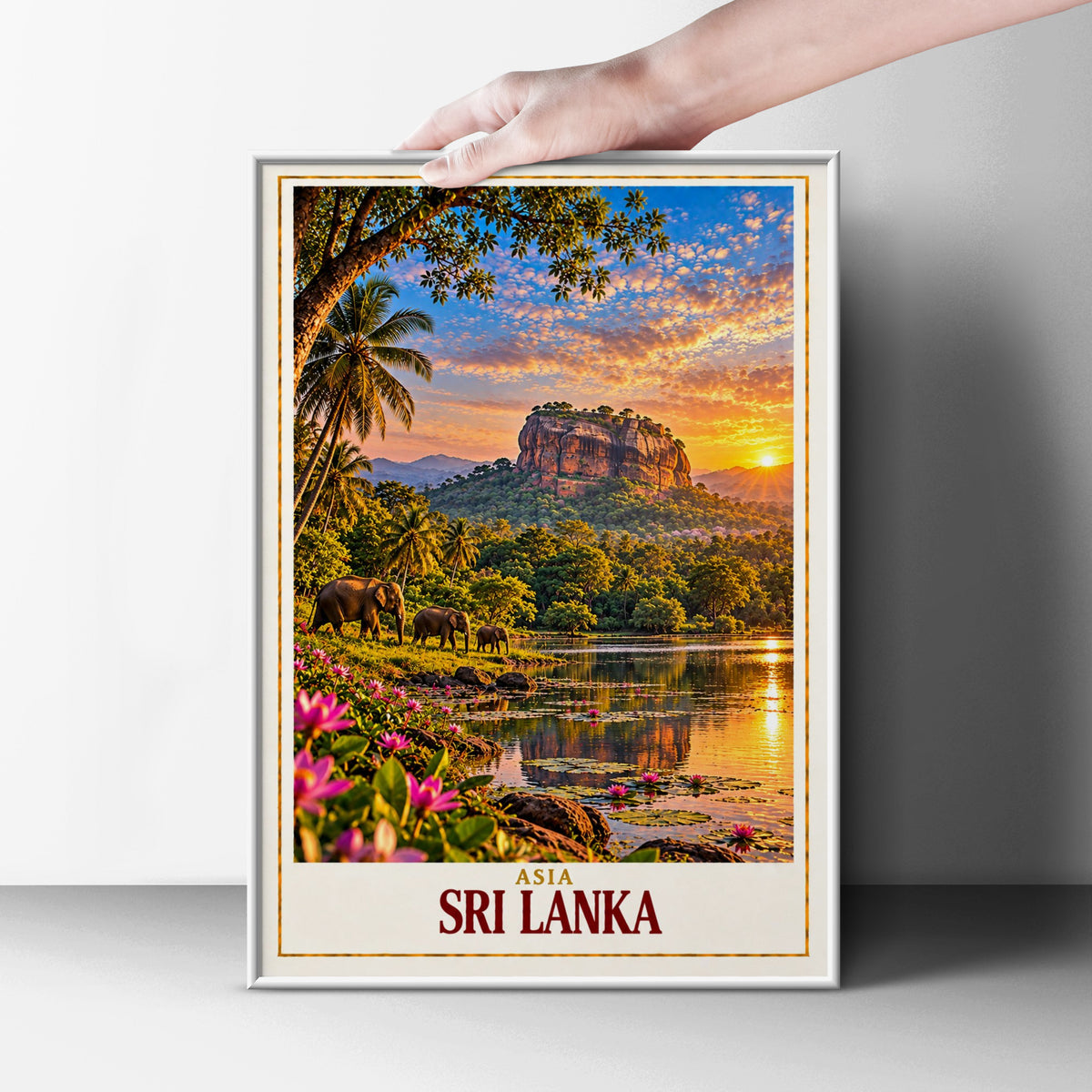 Sri Lanka Travel Poster, Sigiriya Rock Elephant Sunset Wall Art, Tropical Asia Print, Living Room Decor, Wanderlust Gift for Travellers