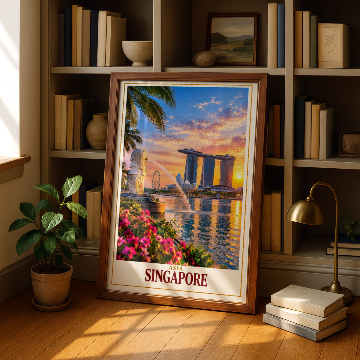 Singapore Travel Poster, Merlion Marina Bay Sands Sunset Wall Art, Asia City Skyline Print, Vibrant Tropical Home Decor Gift for Travellers