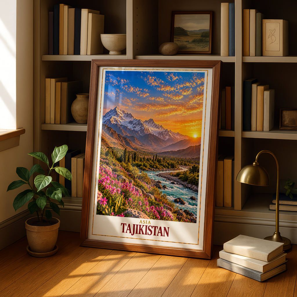 Tajikistan Travel Poster, Central Asia Mountain Landscape Print, Pamir Sunset Wall Art, Turquoise River Pink Wildflowers Home Decor Gift