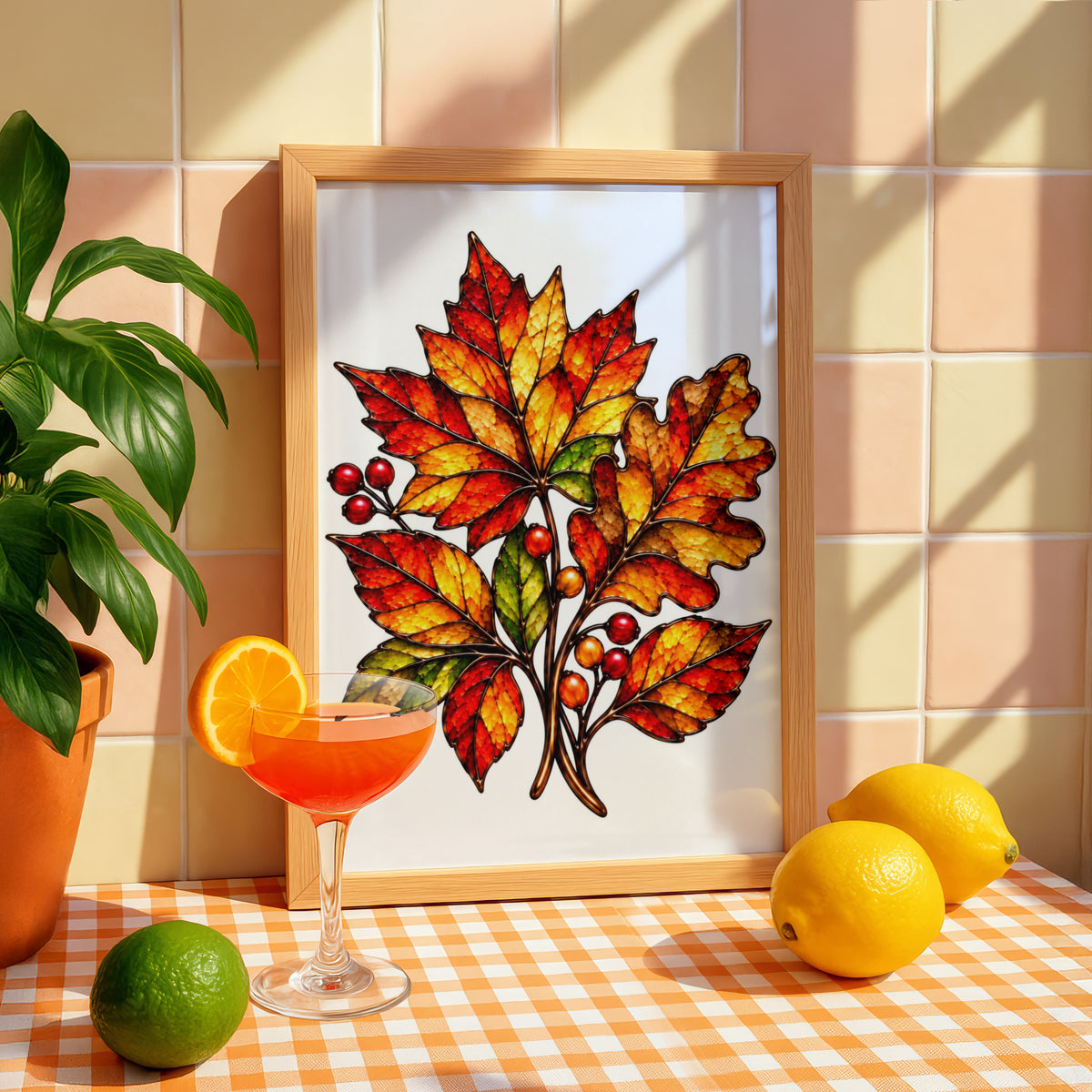 Autumn Leaves Stained Glass Style Poster, Fall Botanical Wall Art, Red Orange Gold Leaf Print, Seasonal Nature Decor, Living Room Art