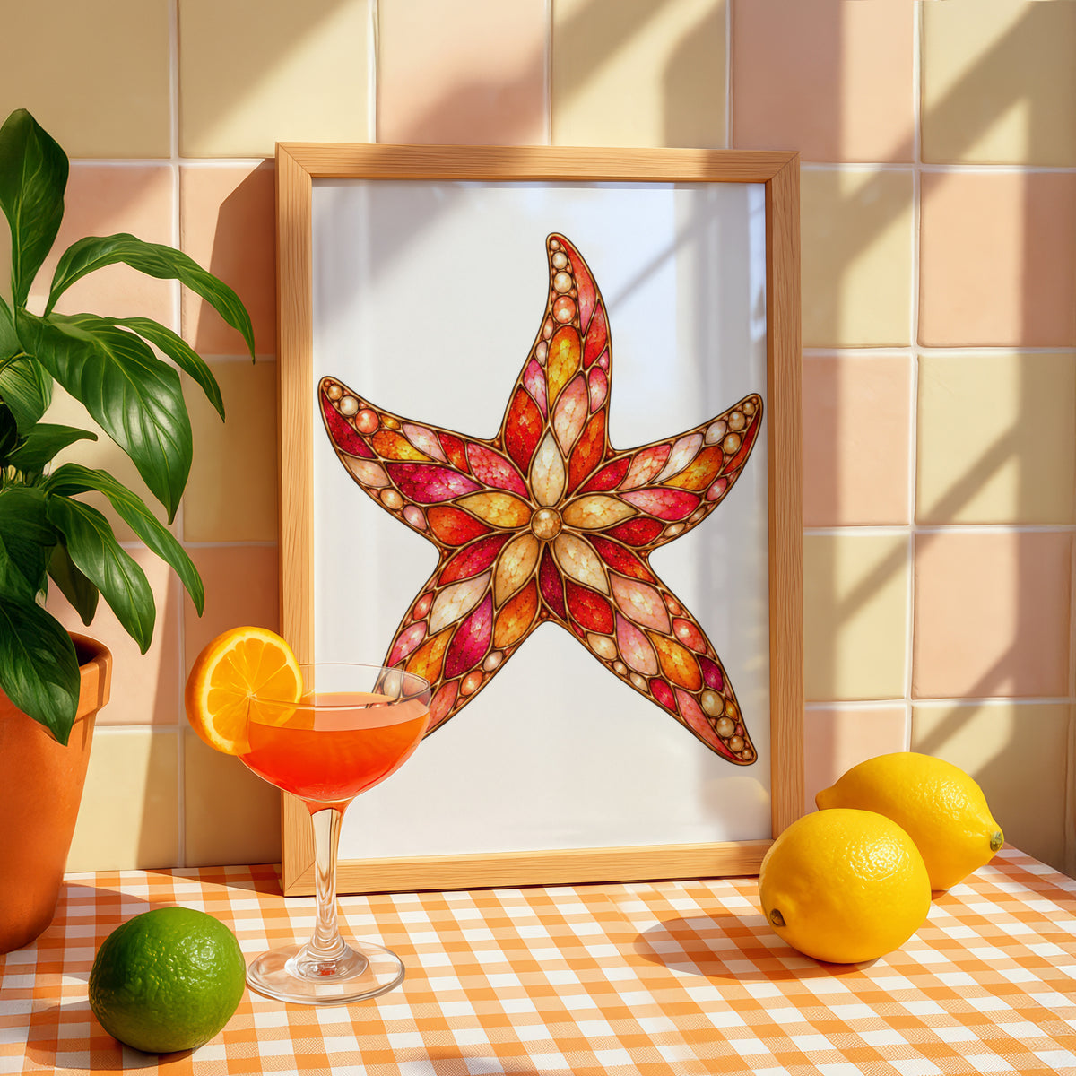 Jewelled Starfish Poster, Stained Glass Ocean Art Print, Red Orange Coastal Wall Art, Nautical Home Decor, Sea Creature Illustration