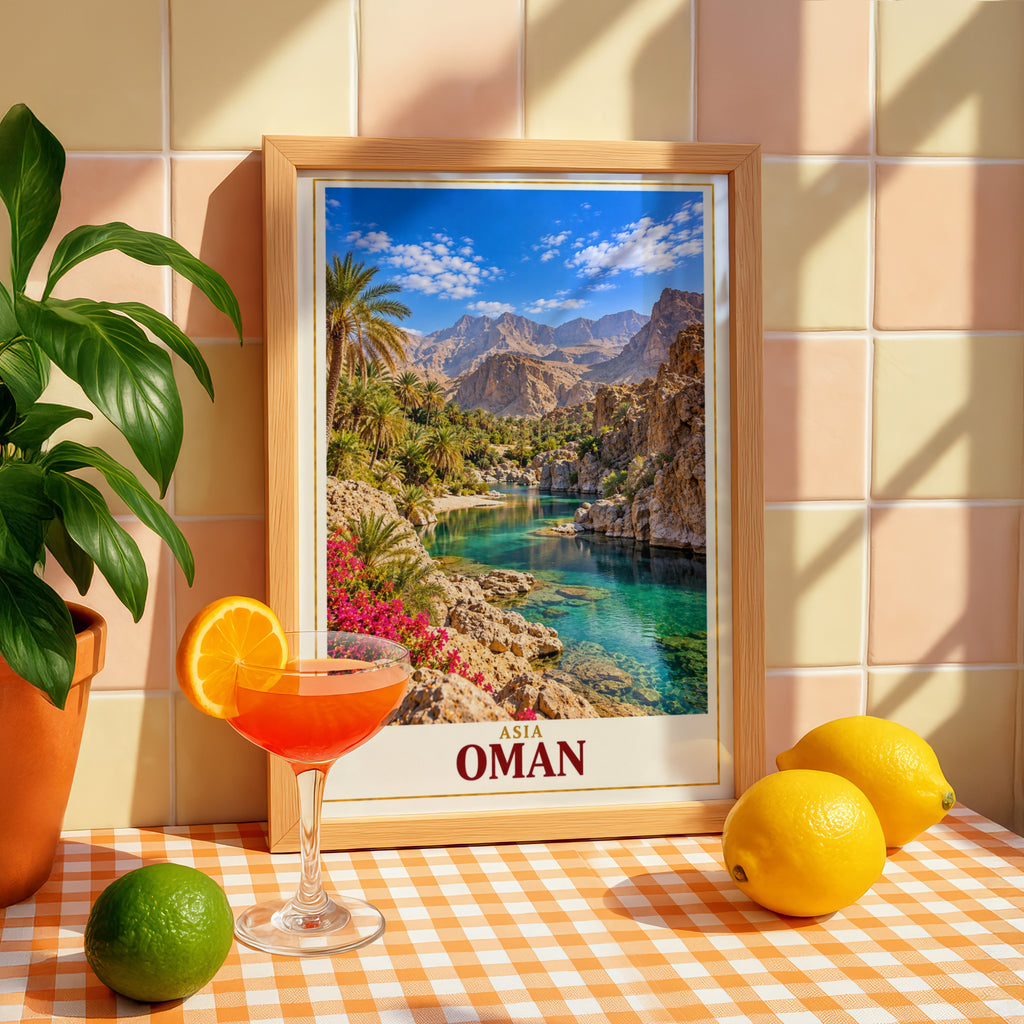 Oman Travel Poster, Wadi Oasis Wall Art, Middle East Landscape Print, Turquoise Water Palm Trees, Living Room Bedroom Decor Gift